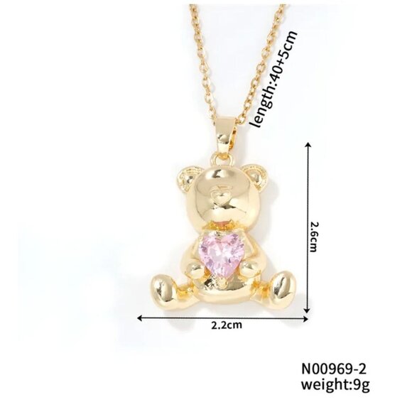 Gold Tone Teddy Bear Pendant Necklace With Red Crystal Heart - Picture 2 of 2